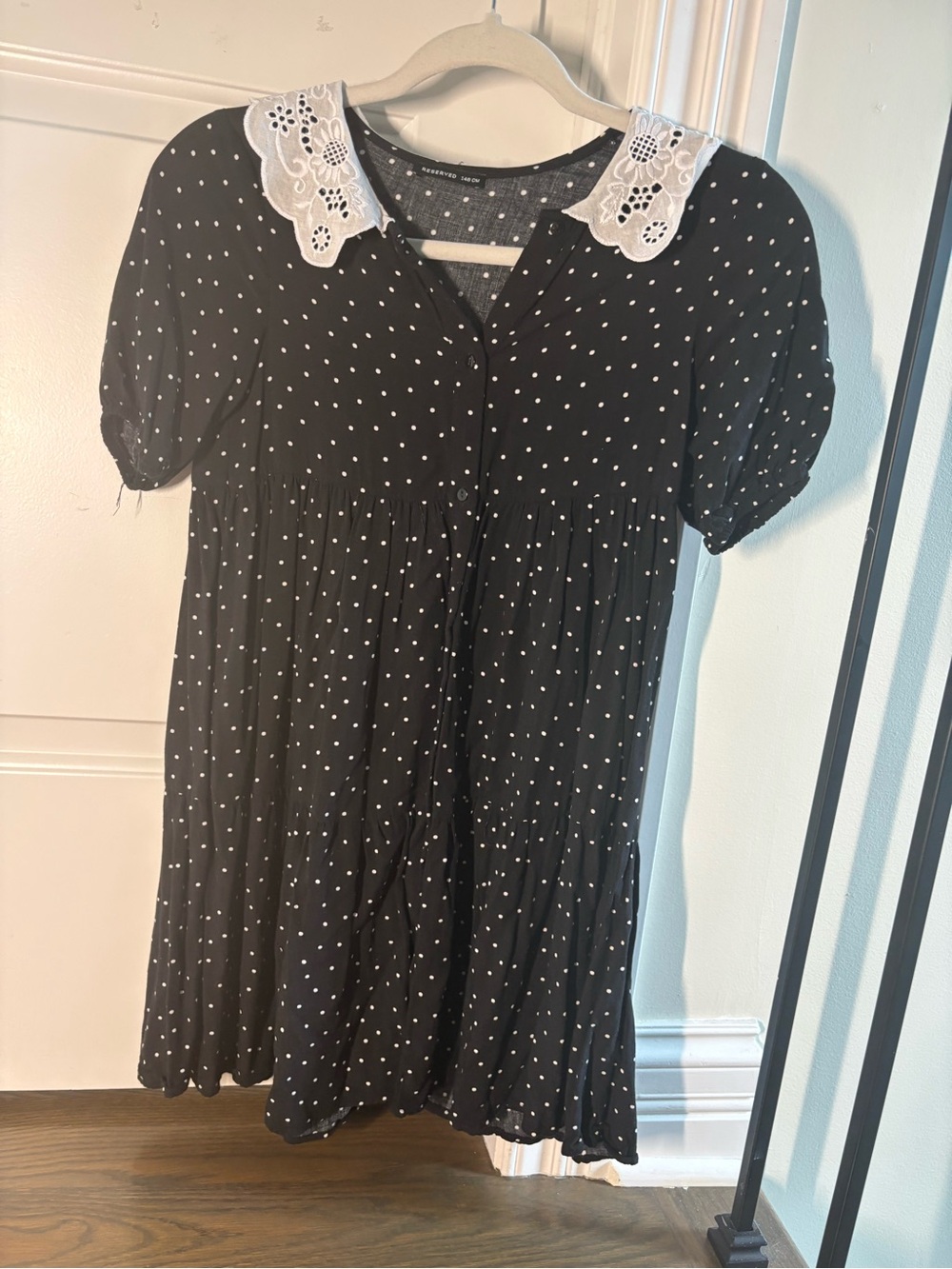 Reserved Black Polka Dot Dress with White Lace Collar